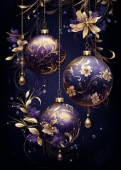 Close up Christmas balls card template with Luxury Golden Ornaments in Rich purple and Gold colors illustration. For banners, posters, advertising. AI generated.