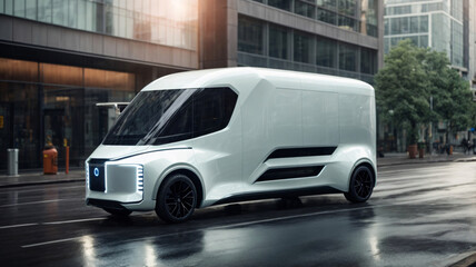 Side view of white modern electric delivery car on the street in city.  Concept of eco-friendly transport and sustainable energy.