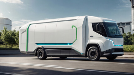 Side view of white modern electric delivery car on the street in city.  Concept of eco-friendly transport and sustainable energy.