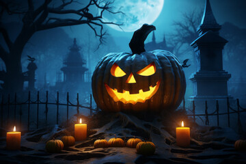 Halloween pumpkins and candles on spooky background. Halloween concept