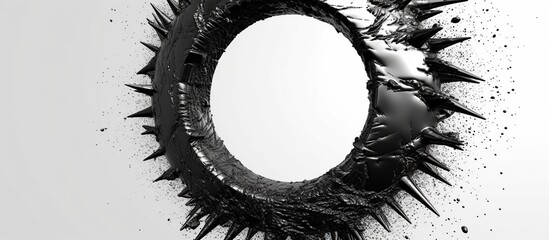 3d render of monochrome black and white abstract art with surreal flying rough metal ring doughnut or torus with deformed damaged part with sharp spikes on dark grey background - obrazy, fototapety, plakaty