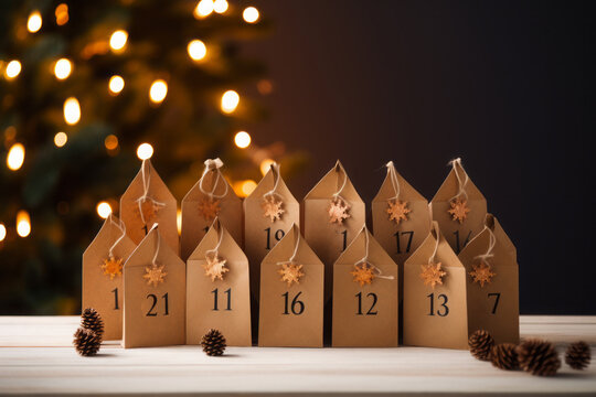 Christmas advent calendar with gingerbread cookies on wooden table against defocused lights