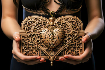 female hands holding a luxurious jewelry box - obrazy, fototapety, plakaty