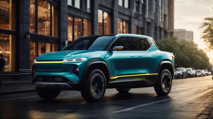 Side view of brand new  electric crossover on a city street. Concept of eco-friendly transport and sustainable energy.