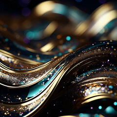 Glitter Emerald Golden Wave Stripes Design. Shiny moving lines design element background	