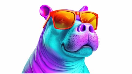 Stylish hippo wearing a pair of trendy sunglasses. Digital art. Colored figurine made of ceramics, plasticine, plastic, other material. Illustration for cover, card or print.
