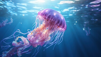 a jellyfish with a purple body and blue tentacles is swimming in the water with a blue background and a blue sky. . - obrazy, fototapety, plakaty