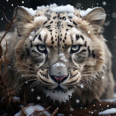 Irbis portrait. Snow leopard portrait. Realistic illustration of a snow leopard. Snow leopard print for printing on fabric, paper, plastic. Generative ai