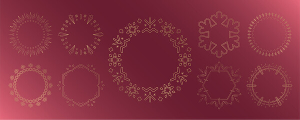 素材_フレームのセット_クリスマスをモチーフにした冬の飾り枠。赤と金の高級感のある囲みのデザイン。字無