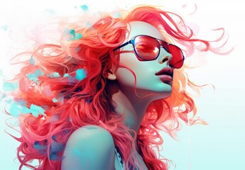 Beautiful young woman in sunglasses. Fashionable image of the model in purple-green tones. The female image is drawn. Illustration for poster, cover, brochure, card, postcard, interior design or print - obrazy, fototapety, plakaty