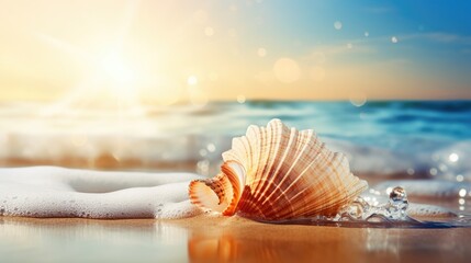 One seashell shell lies on the sandy shore of the sea or ocean at sunset of the day. Illustration for cover, card, postcard, interior design, banner, poster, brochure or presentation.