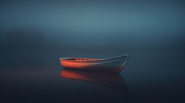 A lone small wooden rowing boat is moored in calm water. The illustration creates a serene mood. Nature background. Design for banner, flyer, poster, cover or brochure.