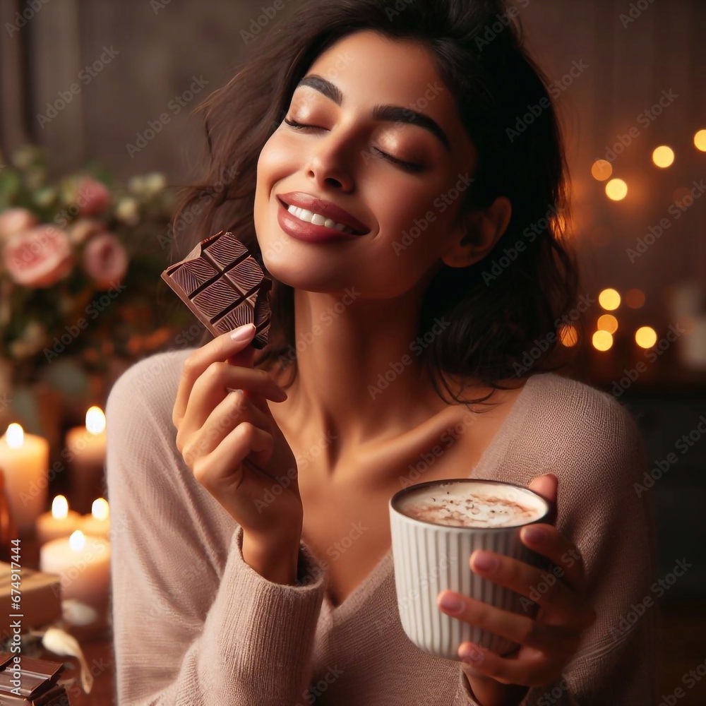 Sticker woman drinking coffee and eating chocolate 