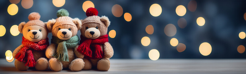 Three teddy bears in winter with scarf and hat