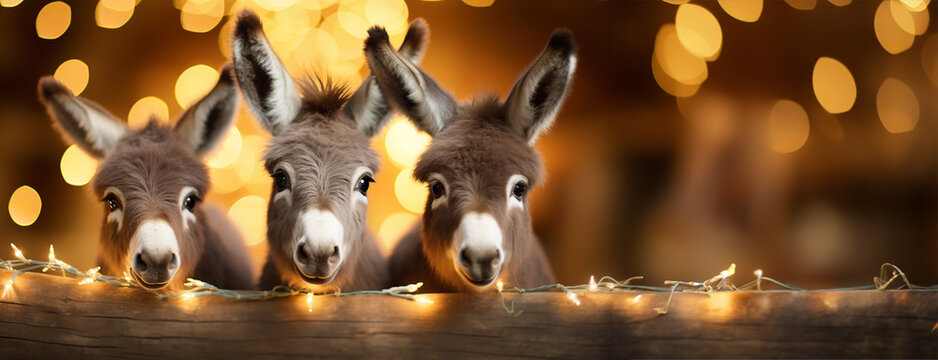 Three donkeys in winter, christmas
