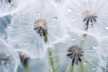 Dandelion seeds with water drops close up. Natural background.