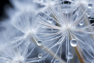 Dandelion seeds with dew drops close-up macro photography