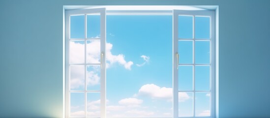 3d illustration of an open window against a blue wall, sunshine over blue sky outside the window