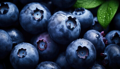 Fresh blueberries with water drops detailed image top down point view shot.