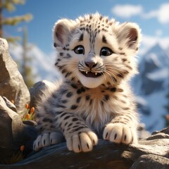 Snow leopard cartoon character 3d illustration for children. Cute fairytale print with snow leopard for clothes, stationery, books, goods. Banner of toy baby snow leopard 3D. Cartoon character 3d snow - obrazy, fototapety, plakaty
