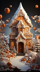 Fototapeta premium Festive gingerbread house made from honey and ginger dough with rich patterns and floral motifs, a fairy tale house traditional for Christmas markets