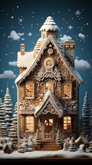 Fototapeta premium Festive gingerbread house made from honey and ginger dough with rich patterns and floral motifs, a fairy tale house traditional for Christmas markets
