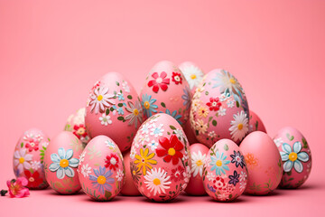Fototapeta na wymiar colorful easter eggs on pink background, copy space