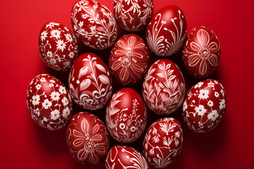 Fototapeta na wymiar Red and white handmade Easter eggs. Ukrainian pysanka. Red background with copy space for text
