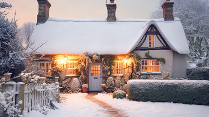 Beautiful country cottage decorated for Christmas on a snowy winter day, holiday and celebration, generative ai