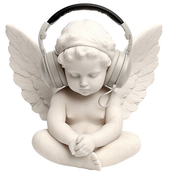  Funerary baby angel with headphones is on display on transparent background