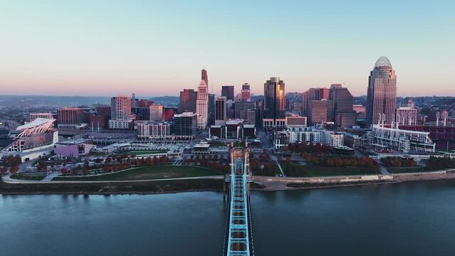 Aerial footage of The John A. Roebling Bridge coming Covington, Kentucky, looking at downtown Cincinnati, Ohio.