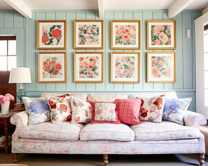 Living room gallery wall, home decor and wall art, framed art in the English country cottage interior, room for diy printable artwork mockup and print shop