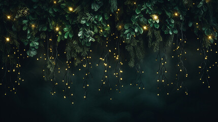 Elegant Green Christmas Garland on Textured, Vintage Dark Green Background with Moody Lighting and Twinkle Lights - Holiday Xmas Theme in Horizontal Layout 