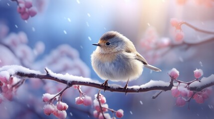 Cute bird on a tree branch in winter background, photorealistic compositions, white, ethereal, meditative color contrasts