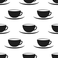 Black cups on white background vector seamless pattern. Best for textile, cafe decor, wallpapers, wrapping paper, package and your design.