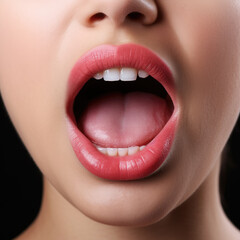 Close-up of a beautiful open mouth of a young Caucasian woman with her lips painted in pink carmine and healthy teeth.