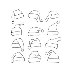 Big set of Santa hats isolated on white background. Winter, New Year, Christmas. Santa's clothes. Festive cap. Vector illustration