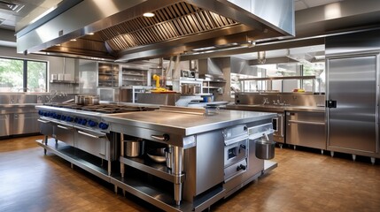 Design of a professional kitchen for a restaurant or cafe. Metal table. Kitchen equipment for catering. Cooking space