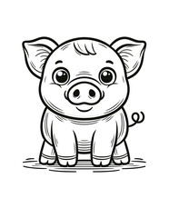 Cute pig piggy character coloring book page, coloring page, animal, black and white, isolated, vector art, wild farm zoo animals