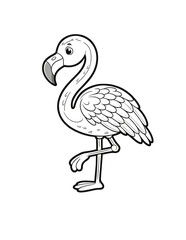 Cute flamingo bird character coloring book page, coloring page, animal, black and white, isolated, vector art, wild farm forest zoo animals