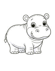 Cute hippo character coloring book page, coloring page, animal, black and white, isolated, vector art, wild safari forest zoo animals