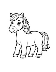 Cute horse pony coloring book page, coloring page, animal, black and white, isolated, vector art, wild farm animals