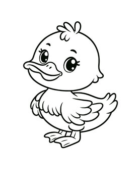 Cute duckling duck quack coloring book page, coloring page, animal, black and white, isolated, vector art, wild farm animals