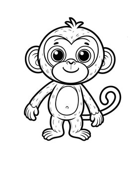 Cute monkey coloring book page, coloring page, animal, black and white, isolated, vector art, wild forest zoo animals