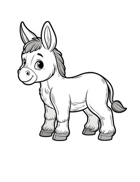Cute donkey burro mule coloring book page, coloring page, animal, black and white, isolated, vector art, wild zoo farm animals