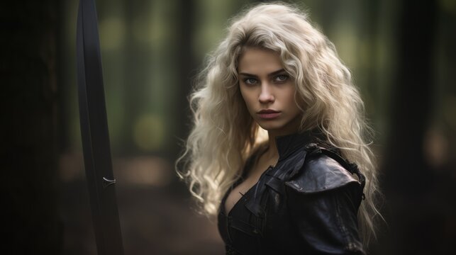 Portrait of a beautiful young woman with long, curly, white-blond hair holding a sword. Fearless expression, warrior look. wearing a black leather combat outfit.