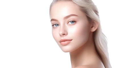 beauty portrait of a cool female model with blue eyes and blonde hair combed back isolated against transparent background