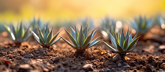 Agave seeds placed on small agave plants grown in a nursery for the production of mezcal, a traditional Mexican drink produced in Oaxaca in southern Mexico - obrazy, fototapety, plakaty