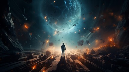 A person floating in space that is vibrant with portals and vortexes leading into parallel...