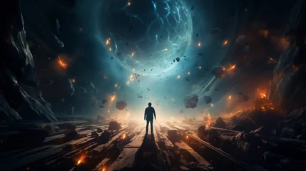 Selbstklebende Fototapete Universum A person floating in space that is vibrant with portals and vortexes leading into parallel dimensions and alternate realities of another world